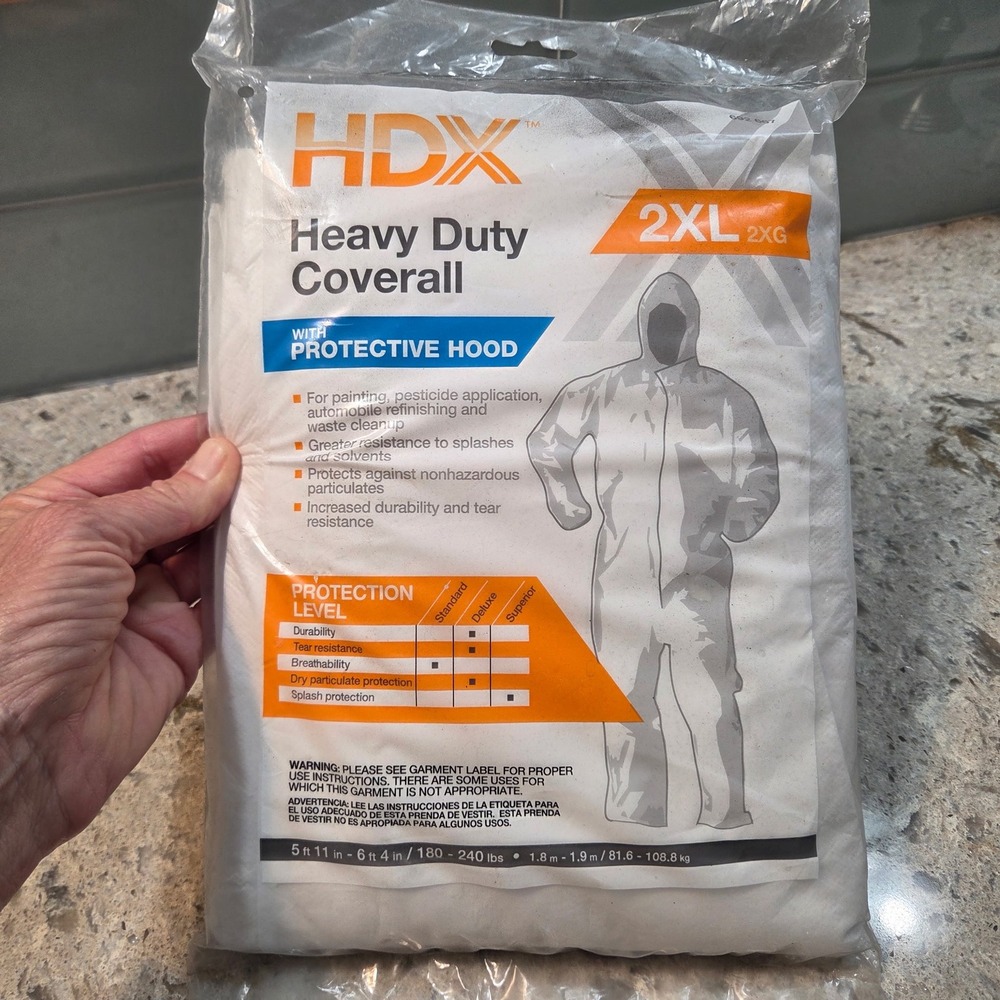 HDX Heavy Duty White‎ Coverall with Protective Hood 2XL Painting Splash Suit